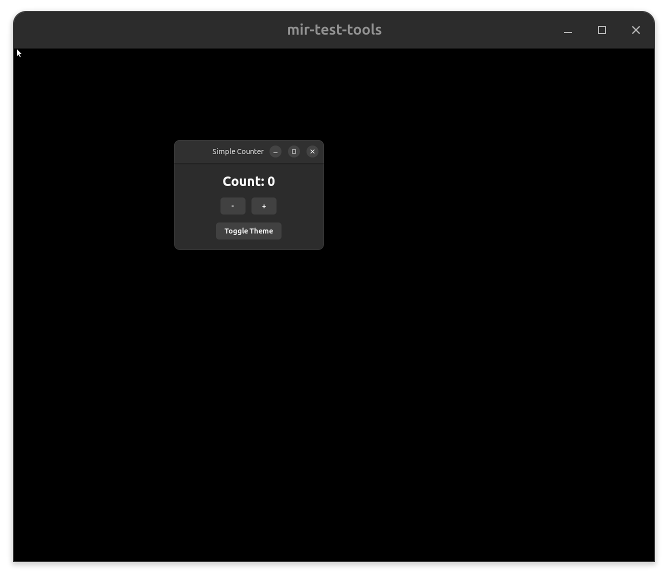 The mir-test-tools window with simple counter running.