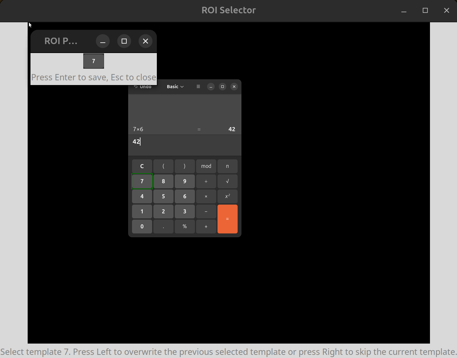 The ROI selector selecting the 7 button in the calculator.