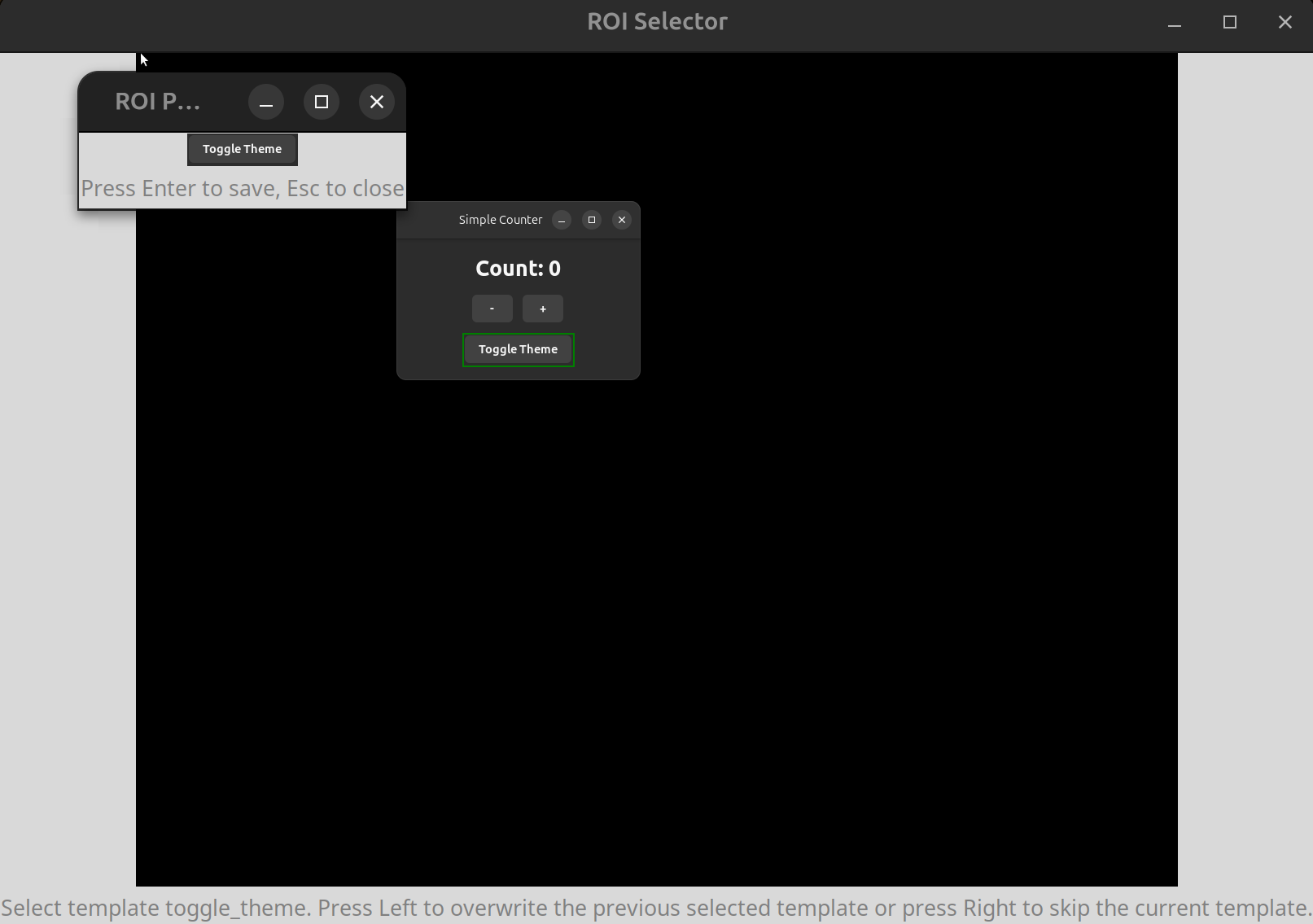 ROI selector from running the Grab Templates keyword, selecting template toggle_theme.png.